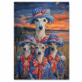 Mother Greyhound Dog and Three Puppies Wearing Patriotic Outfits and Hats with Sunset and Field Background on Ready to Hang 1.5" Thick Canvas Wrap, Floating Framed Canvas, Flat Rolled Canvas